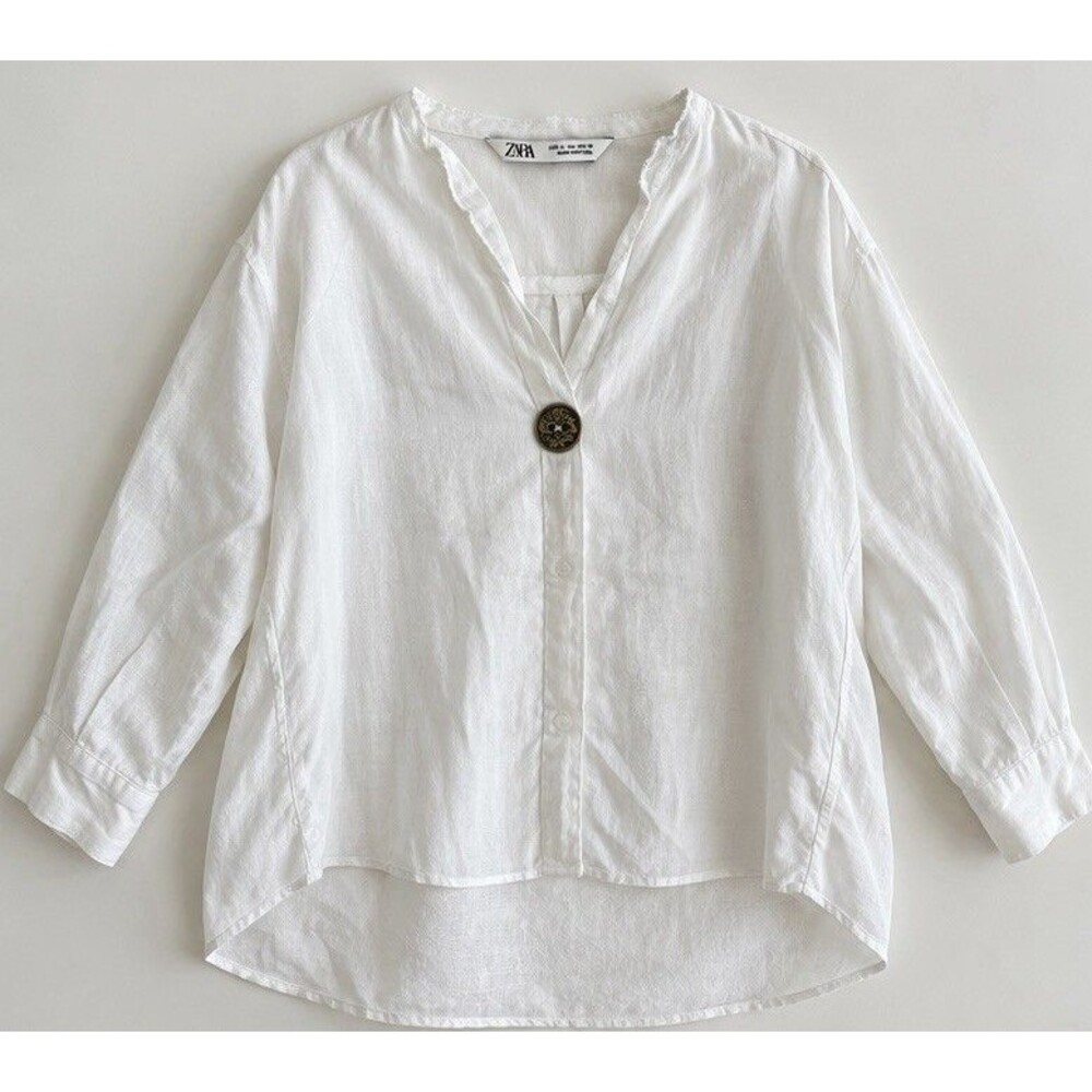 ZARA 100% Linen White Oversized Blouse Top L Made in Portugal Statement Button